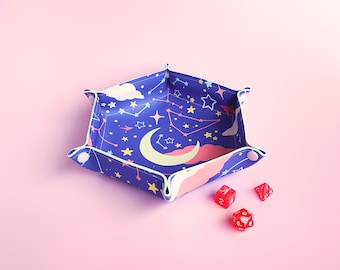 Kawaii Moon Dice Tray - Vegan leather travel game accessory - role playing table top boardgame mat - cute fun celestial patterned valet tray