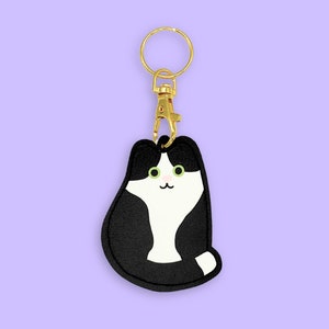 Black & White Cat Keyring - Faux Leather bag charm - colourful Evannave illustration cute cartoon tuxedo kitten animal gift pet portrait fob