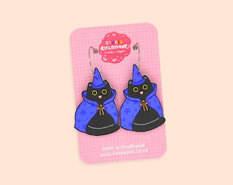 Wizard Black Cat Hoop Earrings - Lightweight Faux Leather statement hypoallergenic jewellery - magical cute gift pet sorcerer fun kitten