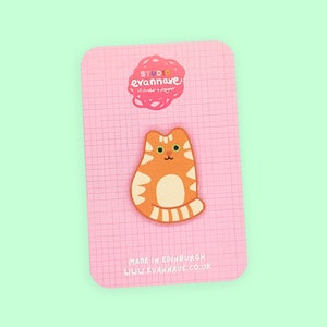 Orange Ginger Tabby Cat Pin Badge - Faux Leather mini brooch - colourful Evannave cute gift funny striped kitten cartoon pet portrait animal