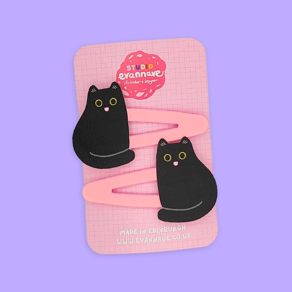 Happy Black Cat Hair Clips - vegan faux leather colourful Evannave cute gift funny kitten cartoon pet portrait animal slides barrettes pink