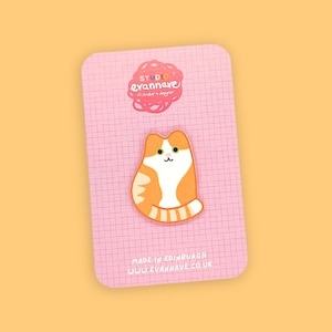 Orange & White Ginger Tabby Cat Pin Badge - Faux Leather mini brooch colourful Evannave cute gift striped kitten cartoon pet portrait animal