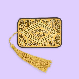 Custard Cream Bookmark Faux Leather Cut-Out with tassel colourful food Evannave illustration British biscuit foodie cute book gift cartoon