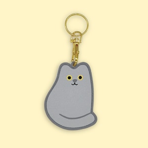 Grey Cat Keyring - Vegan Faux Leather bag charm colourful Evannave illustration cute cartoon kitten animal gift pet portrait fob yellow eyes