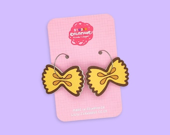 Farfalle Pasta Charm Hoop Earrings Faux Leather - cute bow food themed jewellery, Evannave illustration - fun statement lightweight jewelry
