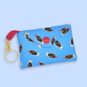 Sushi Soy Fish Faux Leather Mini Pouch - with velvet ribbon loop and golden keyring - card wallet coin purse dice holder cute jewellery bag