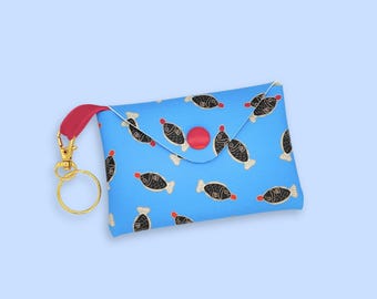 Sushi Soy Fish Faux Leather Mini Pouch - with velvet ribbon loop and golden keyring - card wallet coin purse dice holder cute jewellery bag