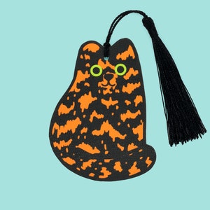 Tortoiseshell Cat Bookmark Faux Leather Cut-Out with tassel colourful Evannave illustration cute fun book gift kitten cartoon pet portrait