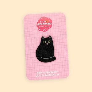 Happy Black Cat Pin Badge - Faux Leather mini brooch - lightweight colourful Evannave cute gift funny kitten cartoon pet portrait animal