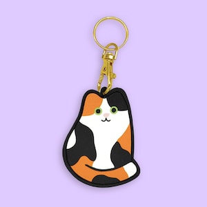 Calico Cat Keyring - Faux Leather bag charm colourful Evannave illustration cute cartoon kitten animal gift pet portrait fob tri tortieshell