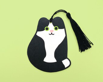 Black & White Cat Bookmark Faux Leather Cut-Out with tassel colourful Evannave illustration cute book gift funny kitten cartoon pet portrait