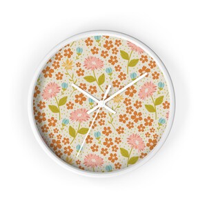 Wall Clock / Vintage Floral Pattern / Mid century / Retro Style / flower stems