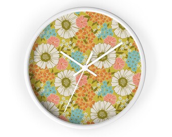 Wall Clock retro floral pattern, floral wall clock, Mid century wall clock, Wooden wall clock, Large flowers