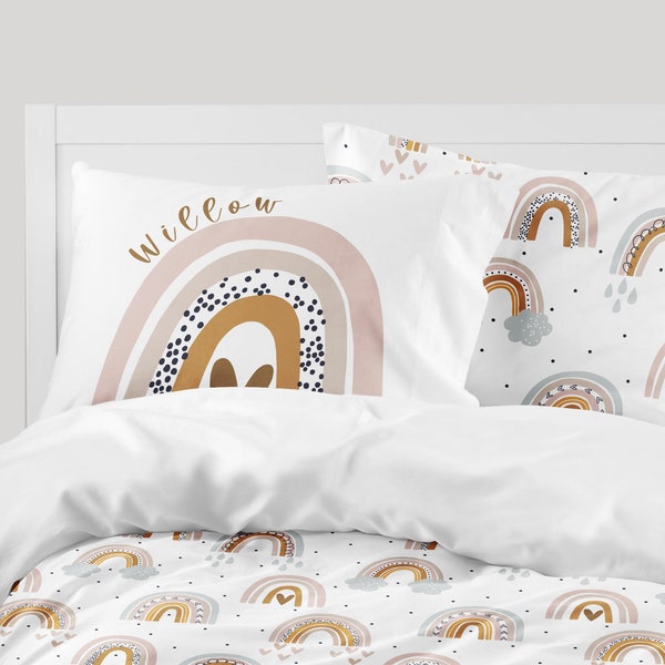 Niños personalizado arco iris almohada, Boho arco iris almohada Sham, vivero escandinavo ropa de cama, regalo para las niñas, arco iris pastel silenciado