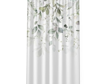 May include: White sheer curtain with a watercolor design of green leaves and branches. The leaves are in shades of green and gray, and the branches are thin and delicate.