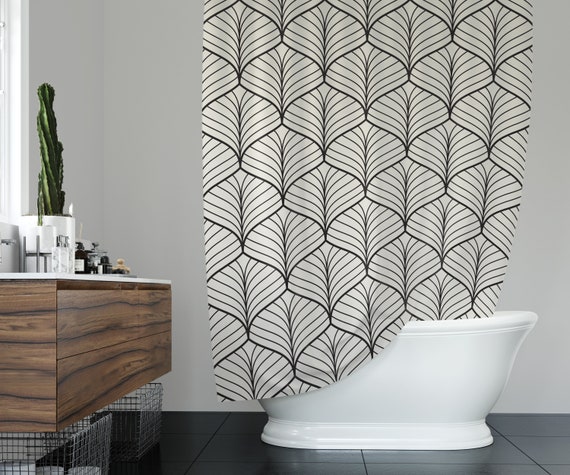 Shower Curtain Black White Art Deco Design White Shower Curtain Art Deco Design, Art Deco Shower Curtain Hooks