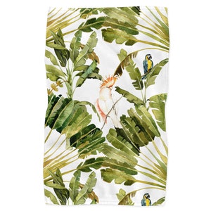 Bath Towel, Hand Towel, Bath Towels, 2 SIZES, Tropical Bath towels, Boho bathroom, Green Palm Parrots Bath towels