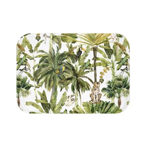 May include: A watercolor illustration of a tropical jungle scene with palm trees, banana leaves, a sloth, a toucan, a parrot, and a leopard. The background is white.