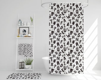 Shower curtain, Black & White Kids Shower curtain, Scandinavian Design Shower curtain, Boho shower curtain, Black Alphabet on white