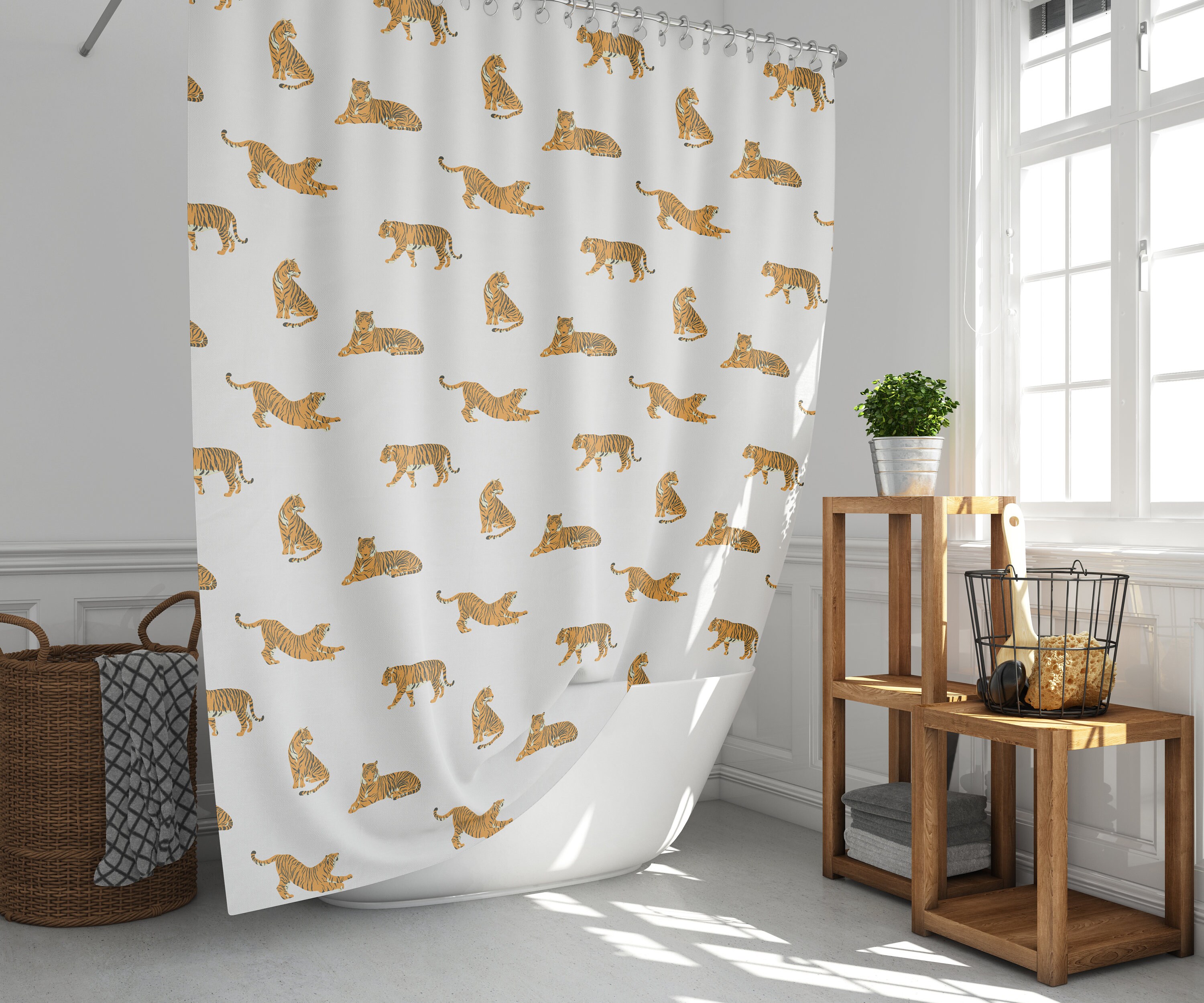 Shower curtain Tropical leaves Shower curtain Tigers shower | Etsy