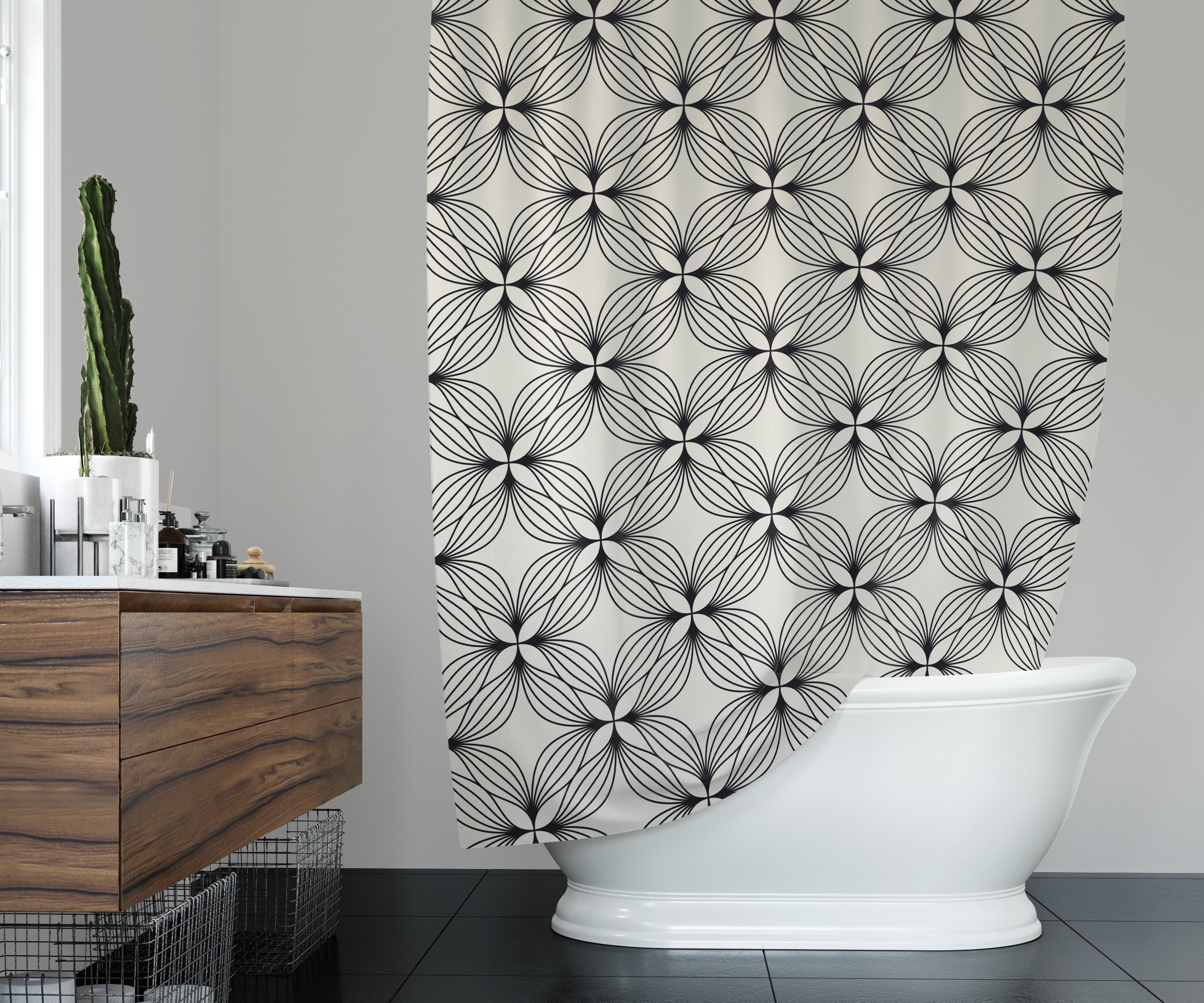Shower curtain, Black & White Shower curtain, Art Deco Design Shower curtain, Boho shower curtain, Flowers
