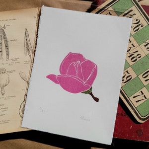 Gravure Magnolia, gravure sur gomme, tampon gravé à la main, art, illustration, décoration
