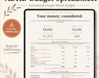 Puede incluir: Una hoja de cálculo de presupuesto automatizada de Google Sheets titulada ADHD Budget Spreadsheet. La interfaz muestra datos financieros para junio de 2026, incluyendo ingresos, gastos y el saldo restante, categorizados en cuatro grupos.