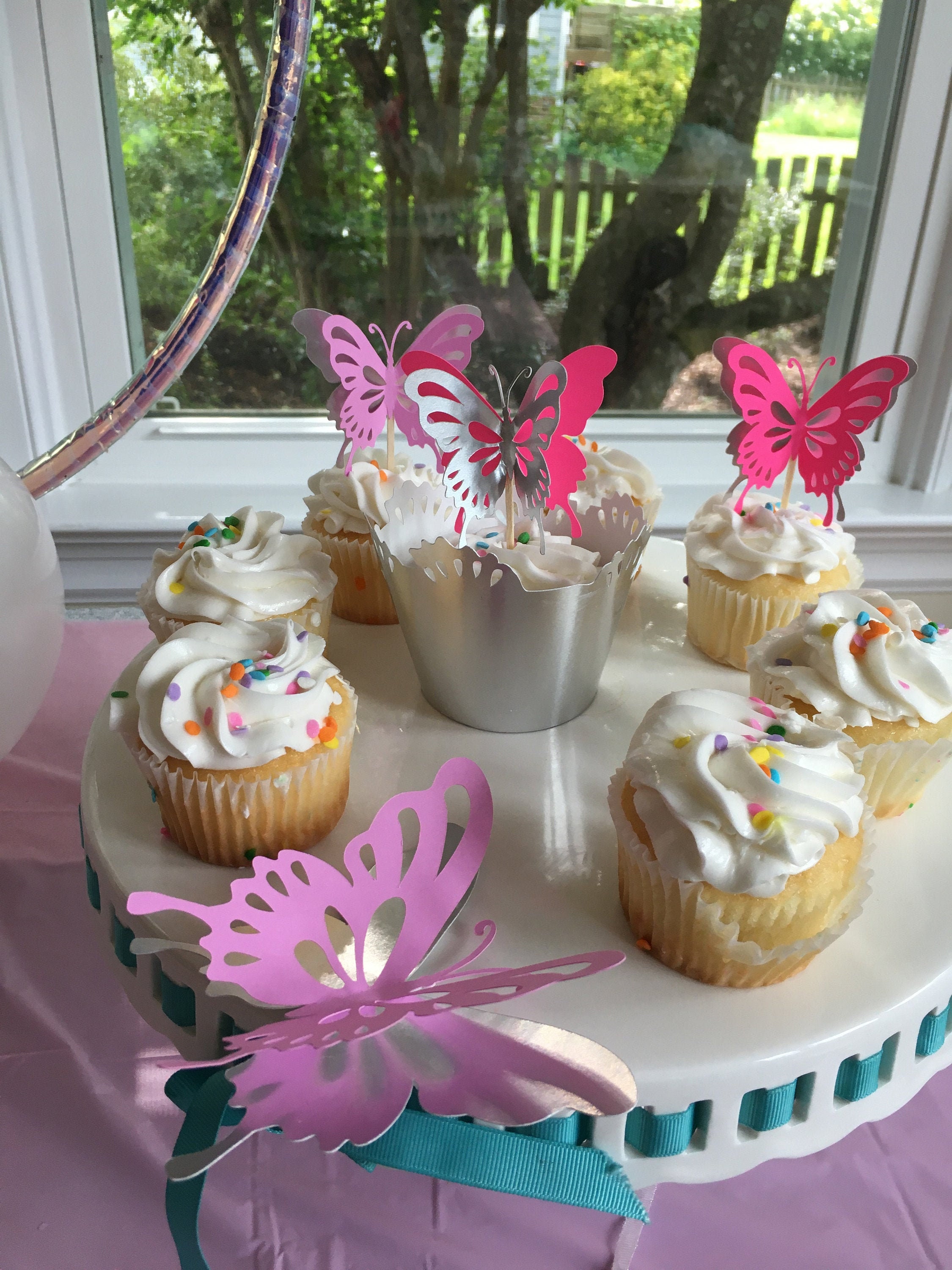 6 Butterflies cupcake toppers with matching wrappers butterflies birthday butterfly party theme butterfly decorations