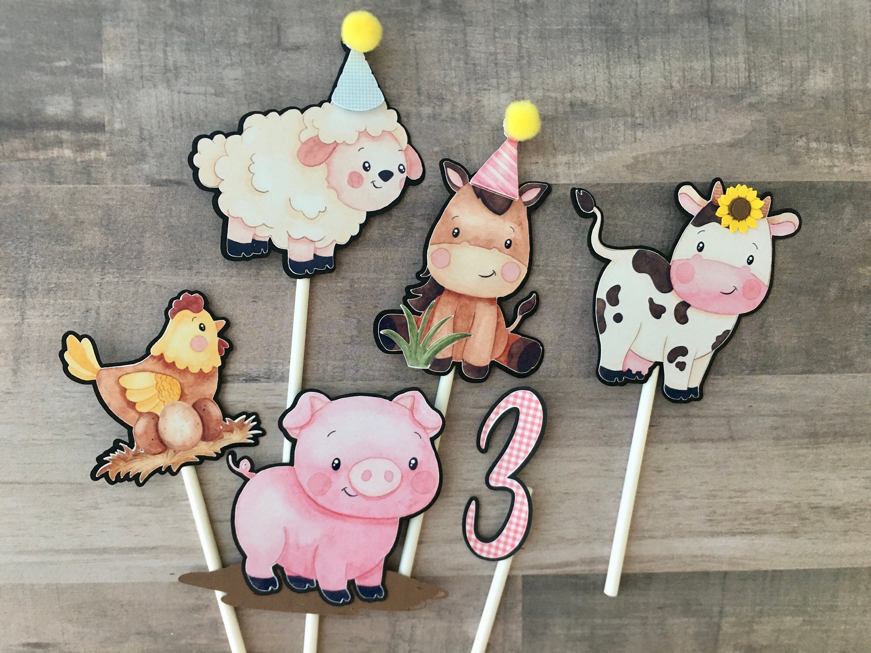 6 Farm animals cupcake toppers farm birthday cow chicken pig horse sheep farm party theme farm decor farm 1st birthday old