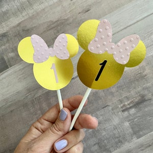 6 ct Minnie magical Mouse cupcake topper, Minnie party decor, Minnie gold and pink topper, Minnie birthday