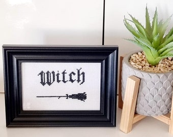 Black framed art witchy cross stitch picture, witches wall hanging home decor, gothic witchcraft and magic decor