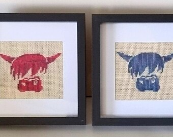 Highland cow cross stitch, framed cross stitch Highland cow, Highland cow frame, Highland cow