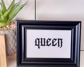 Gothic Queen Cross Stitch Frame: Black & White Medieval Decor