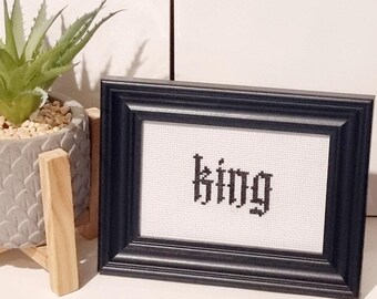 King cross stitch frame,  completed cross stitch, gothic king, home decor, castle core, medieval king frame, gift for him