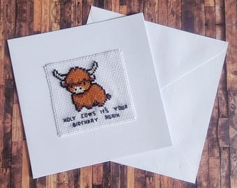 Highland Cow Birthday Card, Funny Cow Birthday Card, Cute Farm Animal Card, Handmade Cross Stitch Card, Rustic Birthday Card, Blank Inside