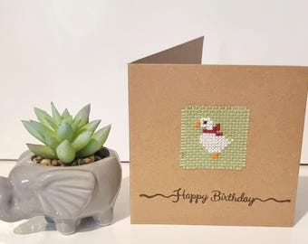 Goose birthday card, silly goose birthday card, completed cross stitch card, Goose fans, Anne Stitched, unquie birthday card.