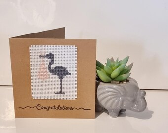 New baby card, congratulations on your new baby girl, baby girl card, completed cross stitch card, Anne Stitched, baby shower card