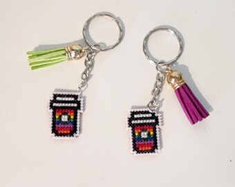 Handmade Pride Coffee Cup Keyring – Cross-Stitched Charm with Tassel – LGBTQ+ Gift