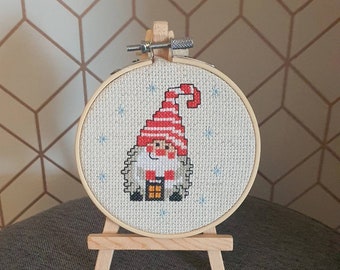 Christmas gnome Crossstitch hoop Gnome Christmas decoration Christmas handstitched hoop with stand Crossstitch christmas art stocking filler
