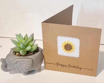 Sunflower birthday card, sunflower fan, love sunflowers, birthday card, completed cross stitch card, Anne Stitched, unquie birthday card