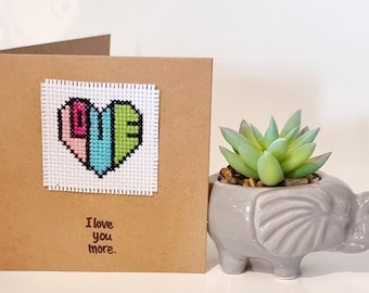 Anniversary cross stitch card, Happy anniversary, I love you more greetings card, unique I love you card, Anne Stitched