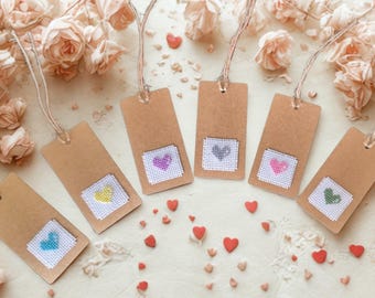 Handmade Cross-Stitch Heart Gift Tags: Rustic Kraft Set of 6