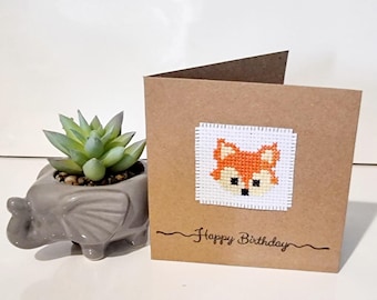 Fox birthday card,  cute fox birthday card, completed cross stitch card, fox fans, Anne Stitched, unquie birthday card, fox greeting card.