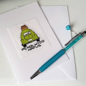 Carte d'anniversaire galloise, joyeux anniversaire, carte d'anniversaire, carte de voeux galloise, carte de voiture, carte de point de croix, Penblwydd Hapus, carte Penblwydd Hapus