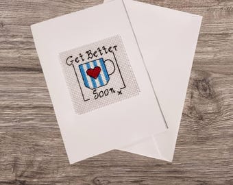 Handmade Cross Stitch "Get Well Soon" Card – Tea Mug with Heart – Get Better Soon Greeting Card – Thoughtful Recovery Gift