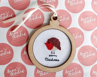 Cross stitch Robin Christmas tree decoration.  Merry Christmas tree decoration. Framed Christmas tree decoration. Mdf Christmas tree decorat