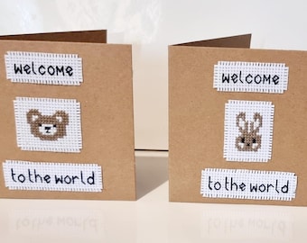 Welcome to the world,  New baby card, congratulations on your new baby, completed cross stitch card, Anne Stitched, baby shower card