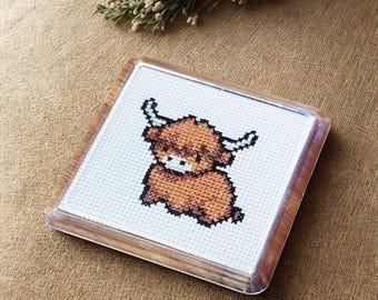 Highland Cow Coaster | Cute Farm Animal Coaster | Handmade Needlepoint Style Cow | Rustic Country Home Decor Gift