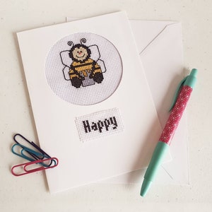 Bee happy. Happy card. Bee card. Just to say. Gift card. Cross stitch card. Handmade card. Bee cross stitch card. For her. For him.