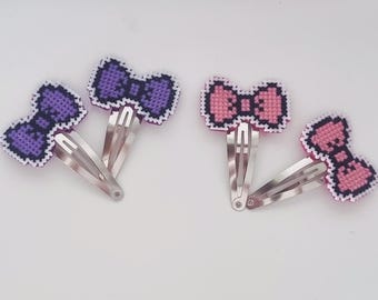 Pixel Art Bow Hair Clips: Cross Stitch Kawaii Snap Clips - Set of 2